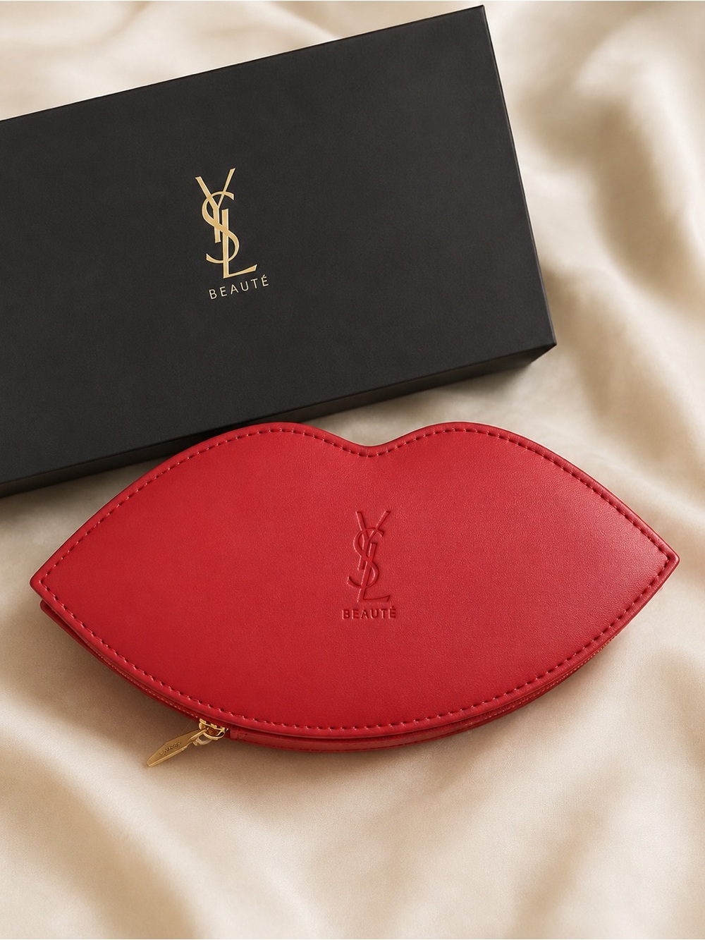YSL Beauté Pink Lip Cosmetic Bag Makeup Case Zip Pouch Yves Saint Laurent Beauty